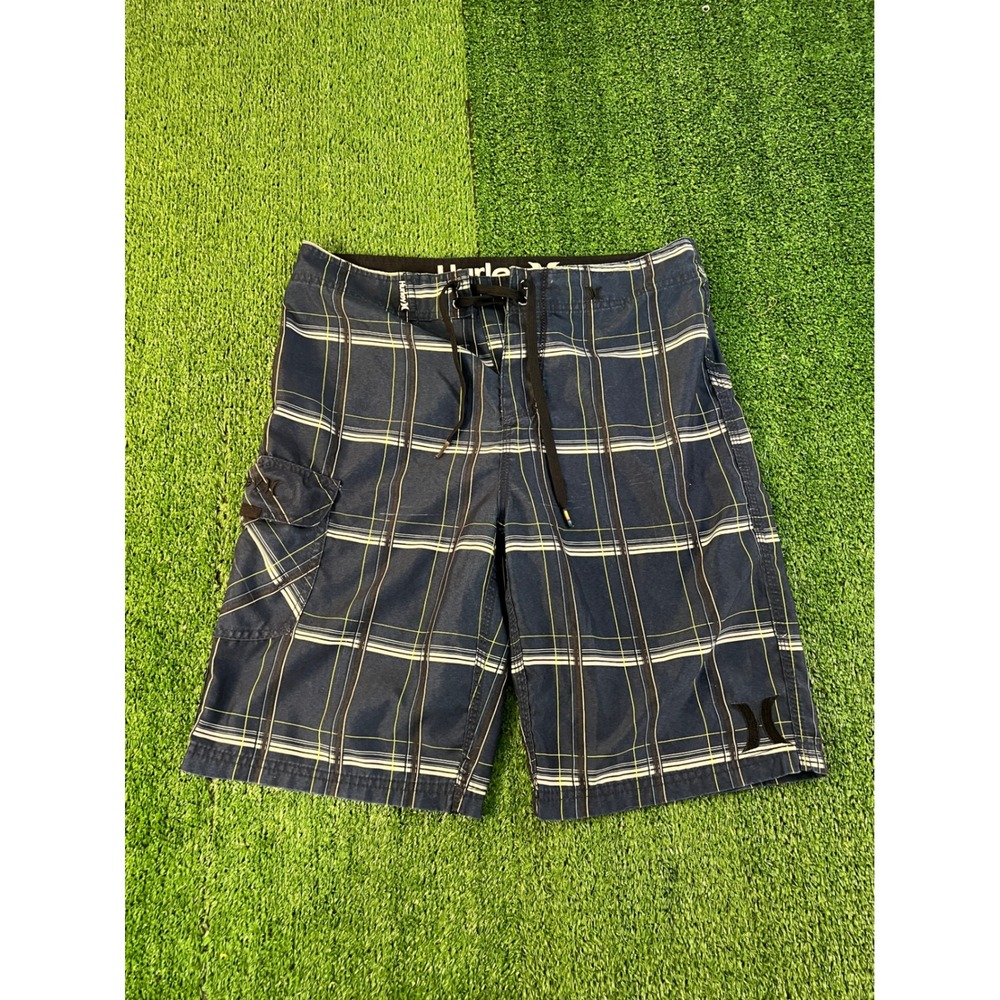 Hurley Mens Plaid Board Shorts‎ Navy Blue Cargo Pocket Swim Trunks 32W